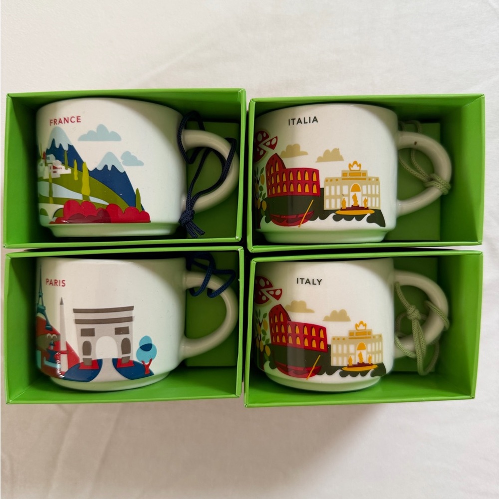 Starbucks 4 2oz ornaments (FRA, Paris, ITL v1 Italia v2)